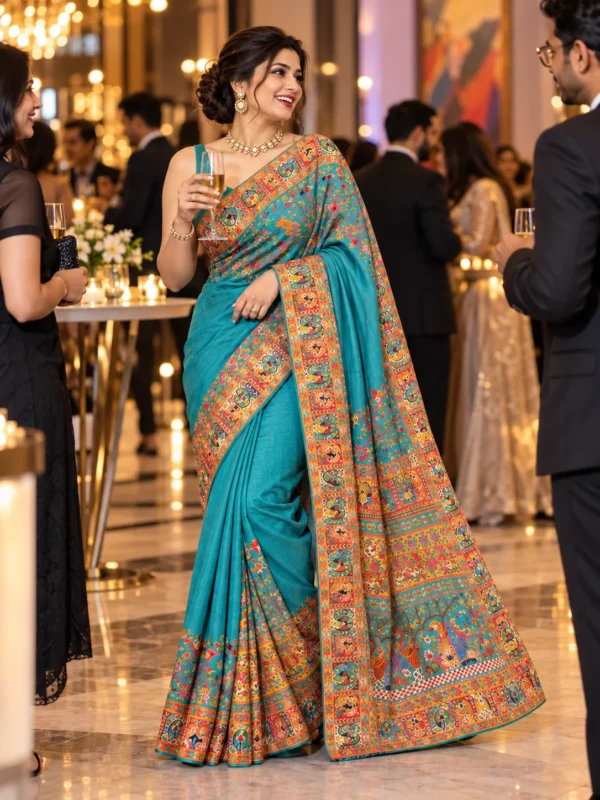 Turquoise Blue Narrative Print Silk Blend Saree | Kancholika