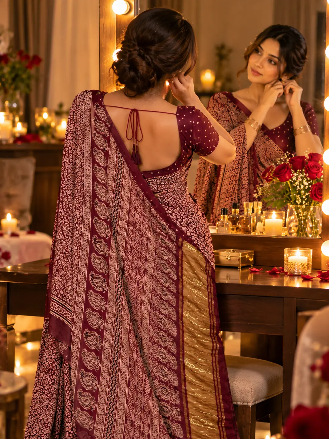 Deep Maroon Modal Silk Ajrakh Saree with Lagda PattI | Kancholika - Image 4