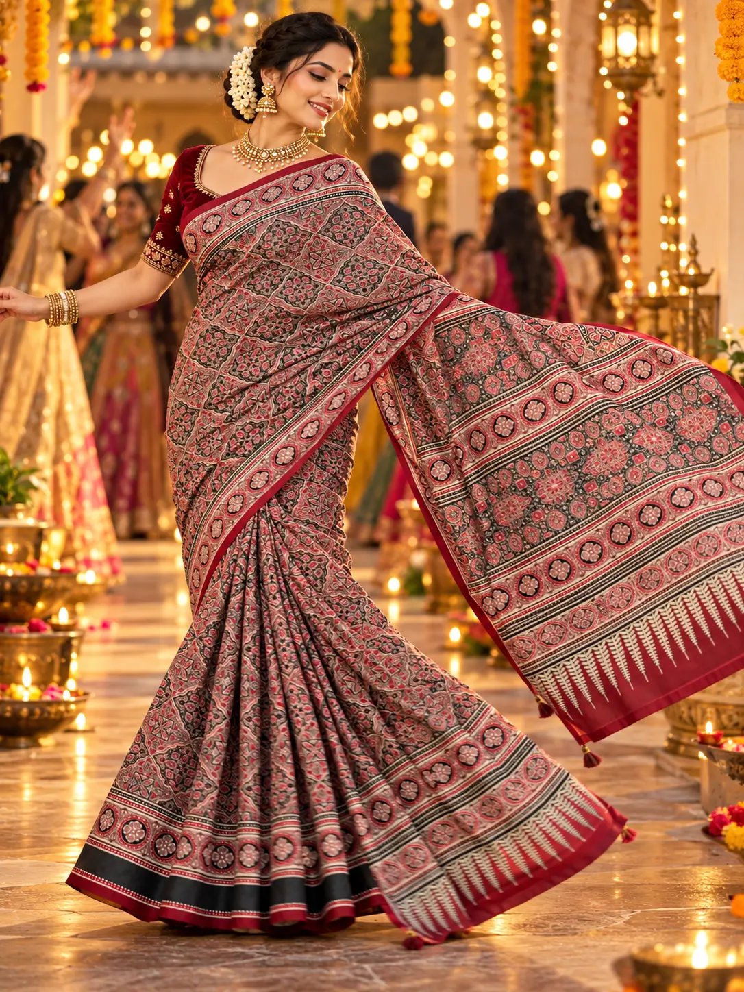 Maroon Ajrakh Satin Silk Saree with Hand Block Print & Tassels - Image 5