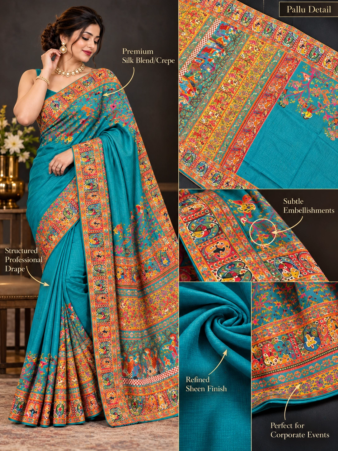 Turquoise Blue Narrative Print Silk Blend Saree | Kancholika - Image 6