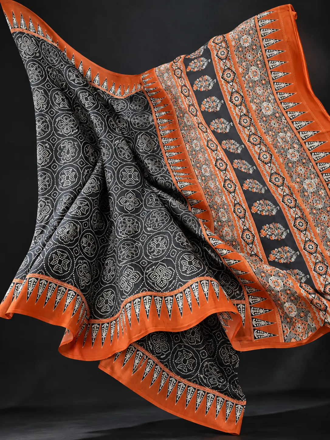 Black & Rust Ajrakh Satin Silk Saree| Kancholika - Image 6