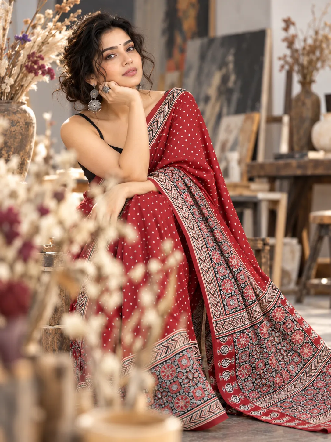 Deep Red Ajrakh Satin Silk Bandhani Saree | Kancholika - Image 6