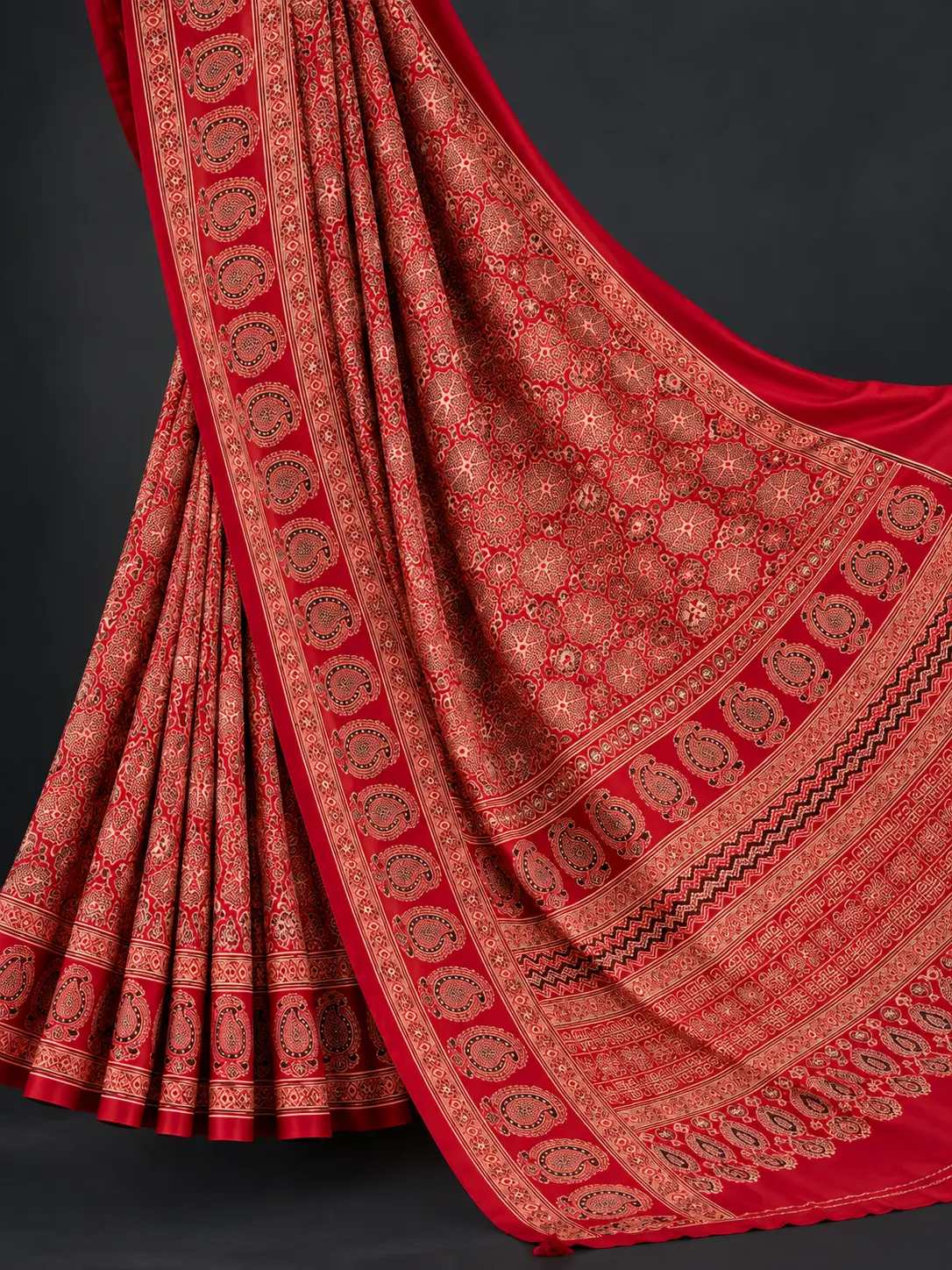 Crimson Red Modal Silk Paisley Print Saree | Kancholika - Image 4