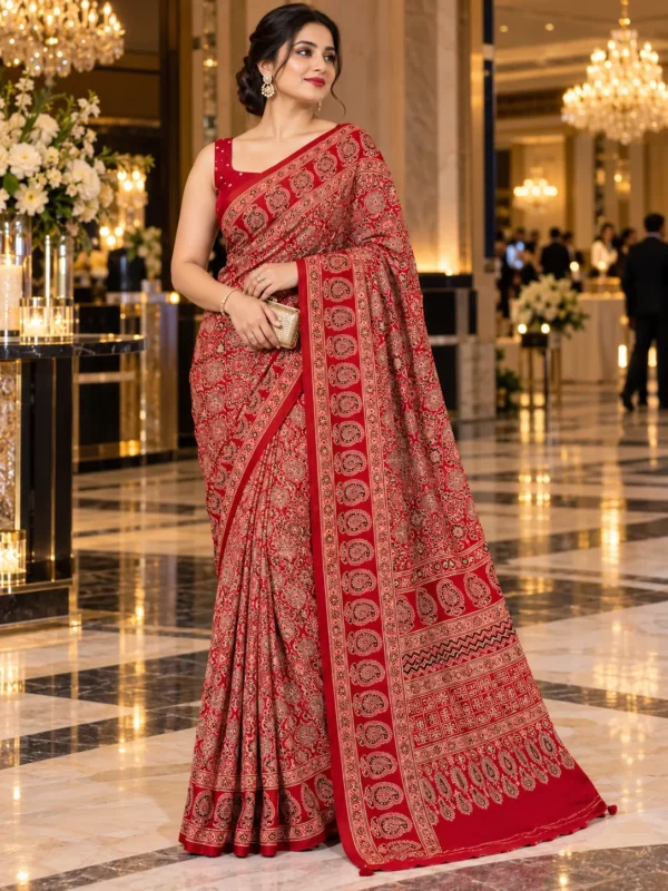 Crimson Red Modal Silk Paisley Print Saree | Kancholika