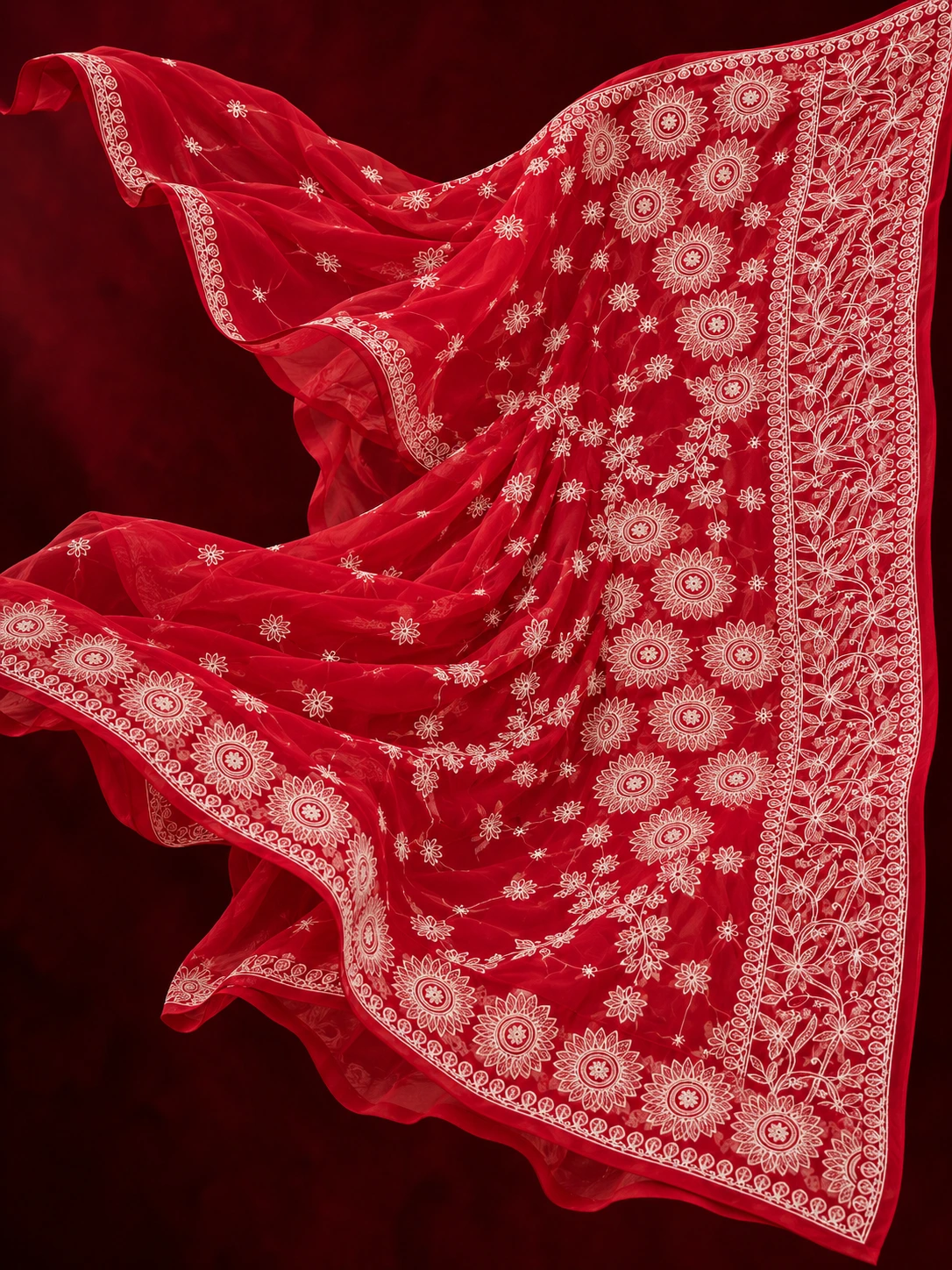 Crimson Red Chikankari Embroidered Silk Saree | Kancholika - Image 5