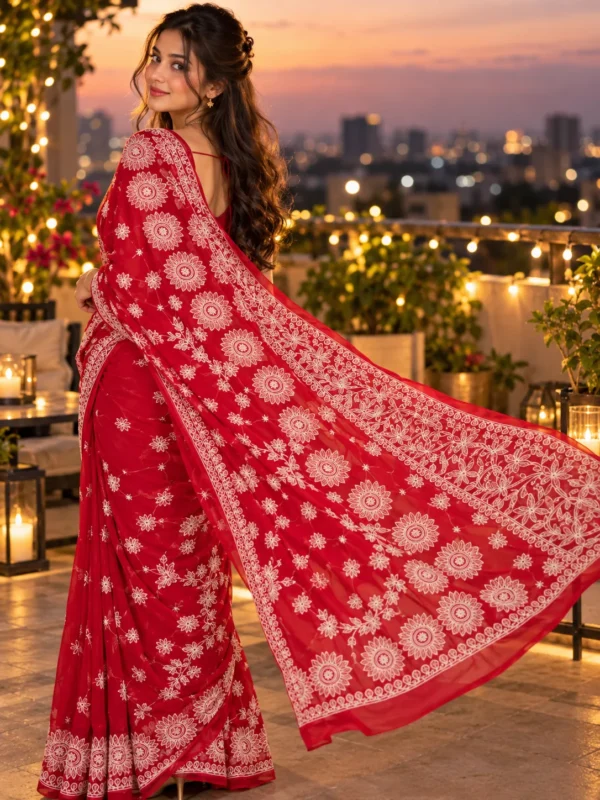 Crimson Red Chikankari Embroidered Silk Saree | Kancholika