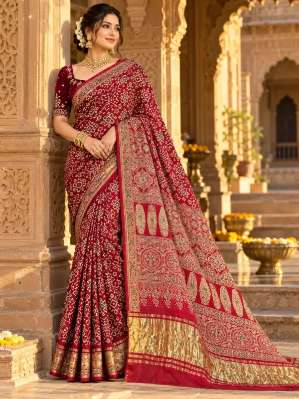 Crimson Red Kutch Ajrakh Block Print Cotton Silk Saree|Kancholika