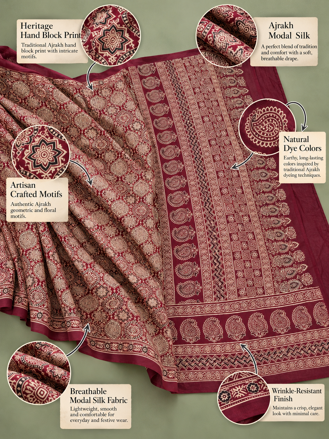 Maroon Ajrakh Modal Silk Saree Hand Block Print | Kancholika - Image 5