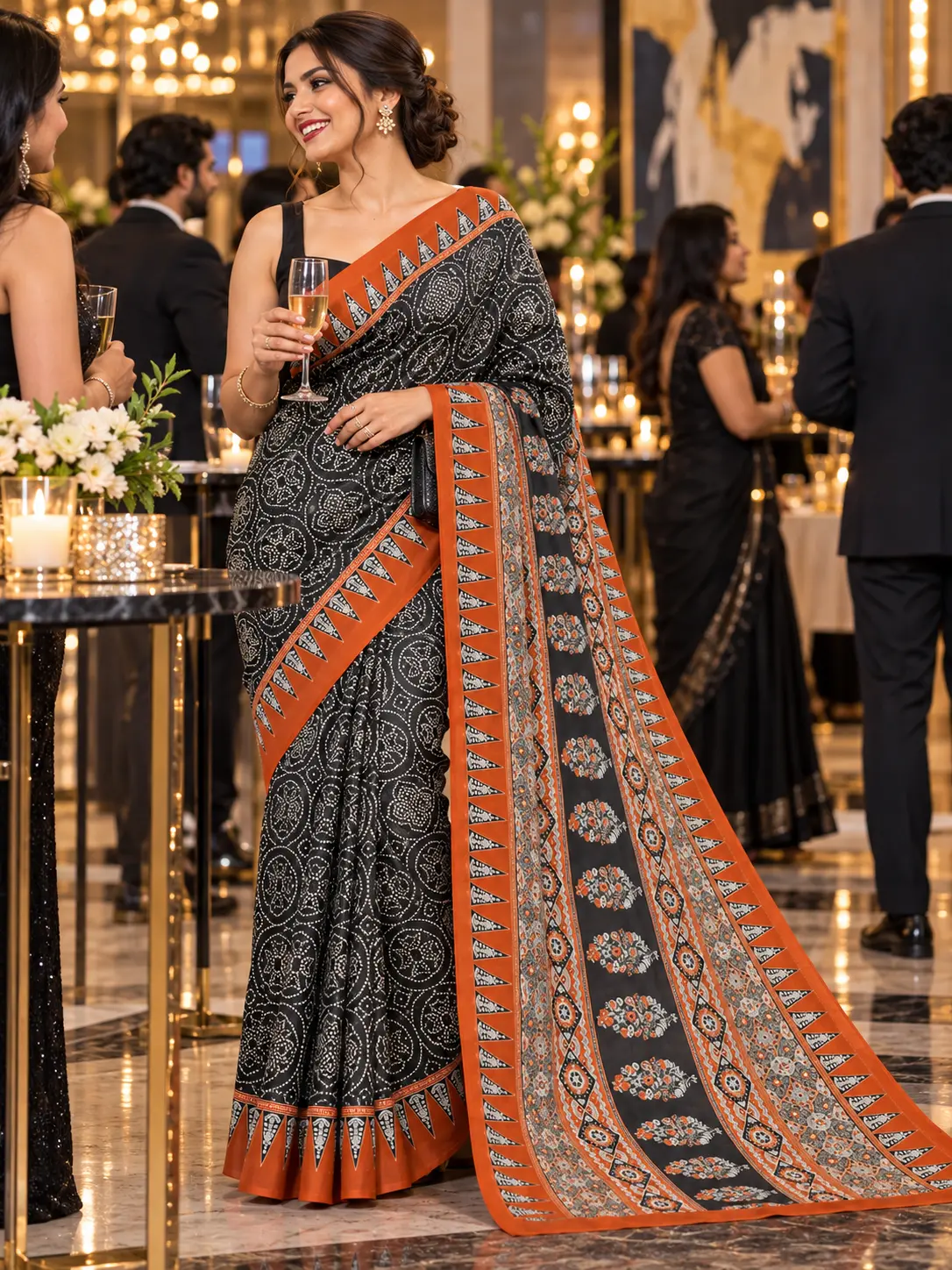 Black & Rust Ajrakh Satin Silk Saree| Kancholika - Image 2