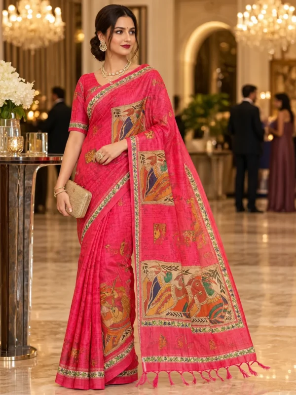 Pink Kalamkari Tussar Silk Saree with Tassels|Kancholika