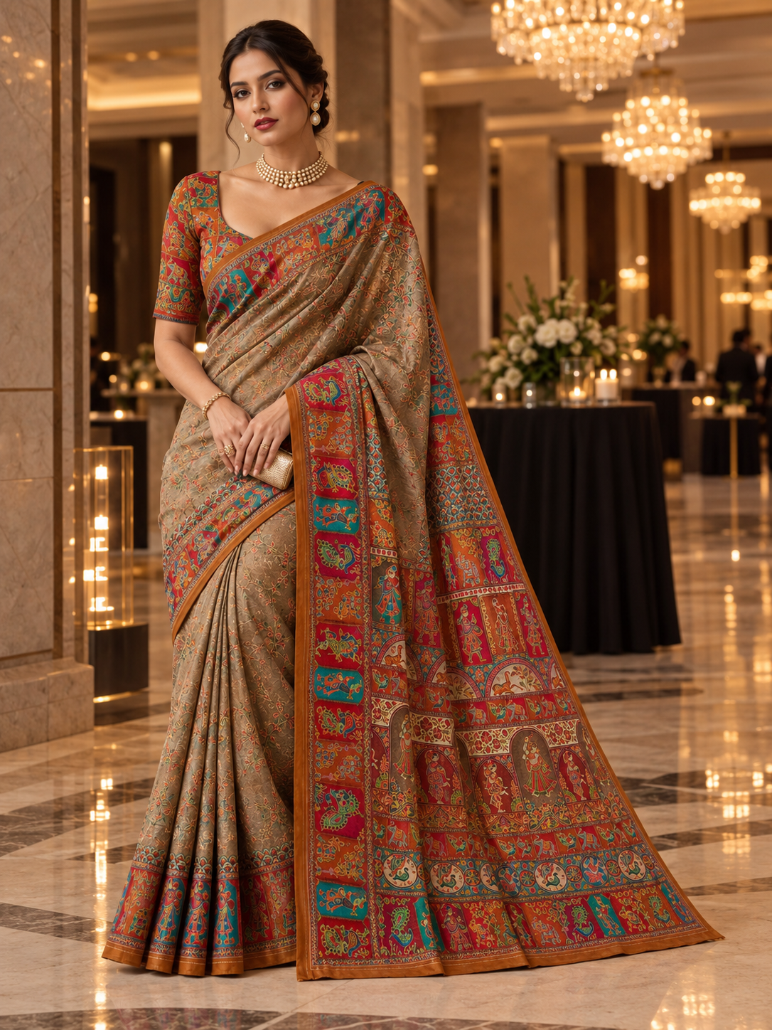 A neatly draped earthy beige silk blend saree showcasing intricate floral body patterns, a multi-colored narrative print pallu, and circular callouts highlighting the refined sheen and professional drape.