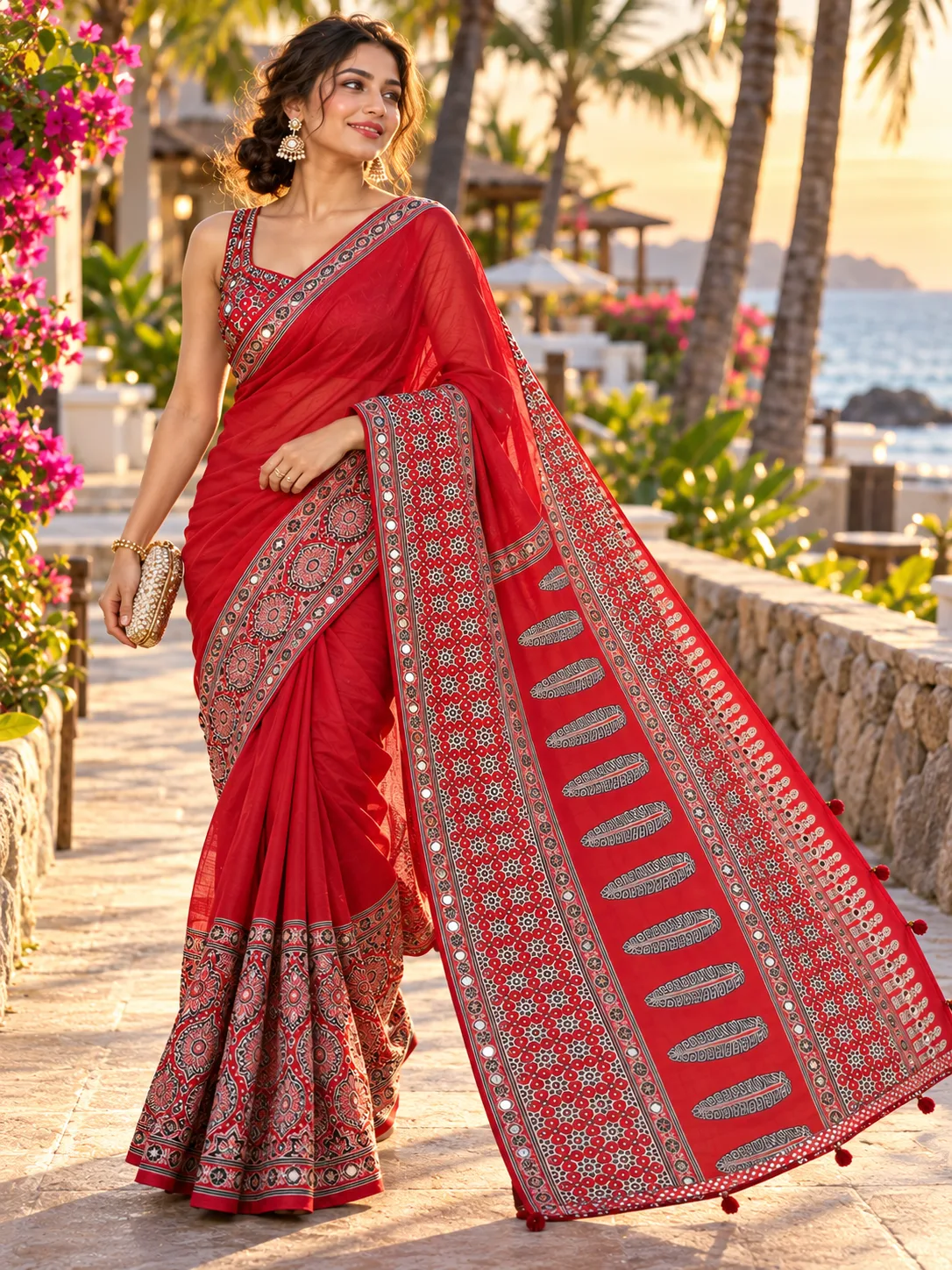 Kancholika vibrant red Ajrakh modal silk saree featuring delicate mirror work along the border, traditional hand block printed Ajrakh motifs, an artistic signature pallu