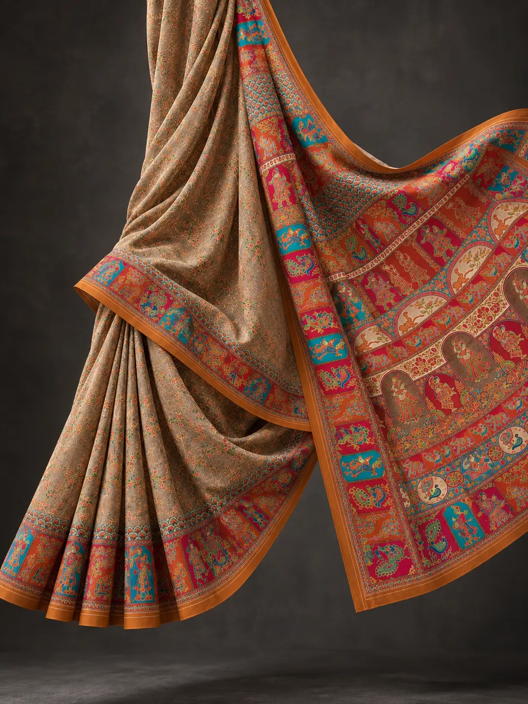 Earthy Beige Narrative Print Silk Blend Saree|Kancholika - Image 4