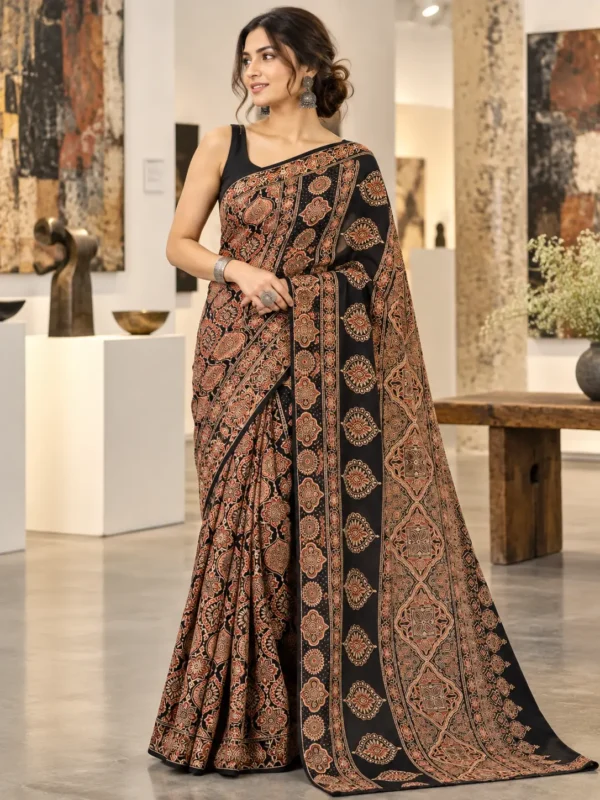 Black Ajrakh Hand Block Print Modal Silk Saree | Kancholika