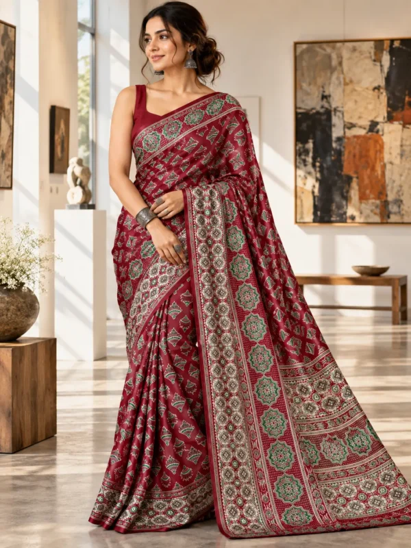 Crimson & Forest Green Artisan Print Saree | Kancholika