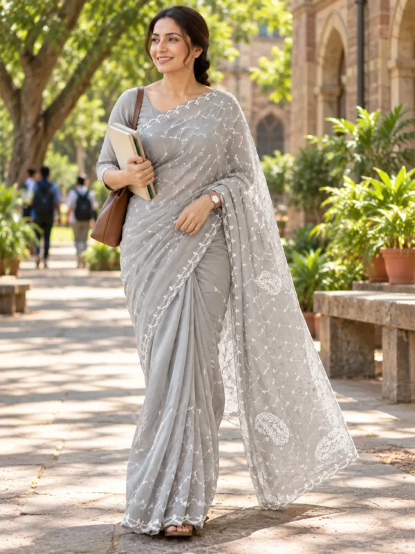 Grey Chikankari Embroidered Saree  | Kancholika
