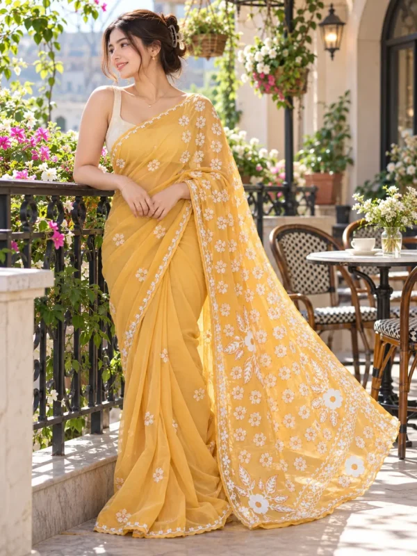 Golden Yellow Chikankari Embroidered Saree | Kancholika