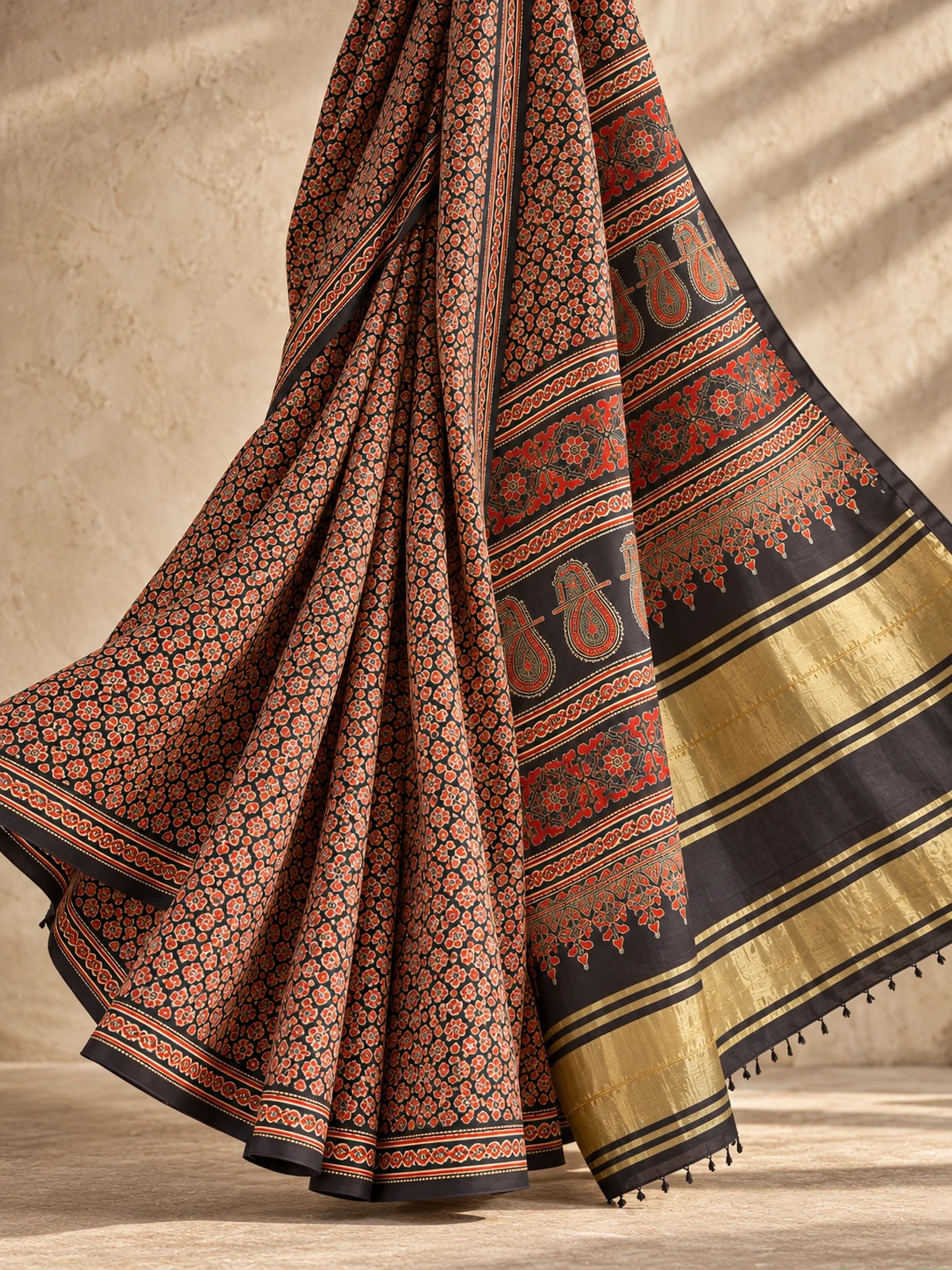 Black & Terracotta Block Print Cotton Saree| Kancholika - Image 5