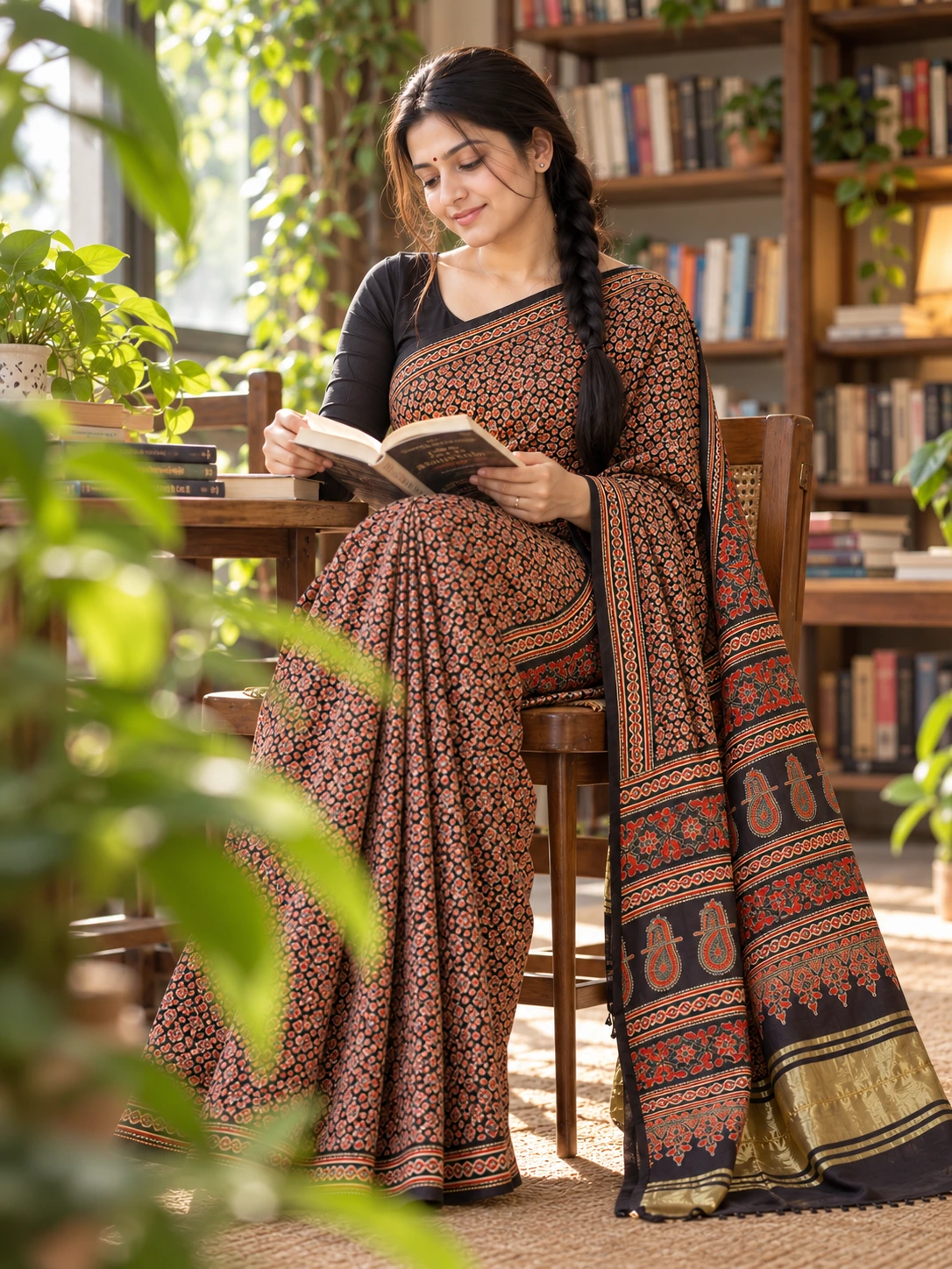 Black & Terracotta Block Print Cotton Saree| Kancholika - Image 7