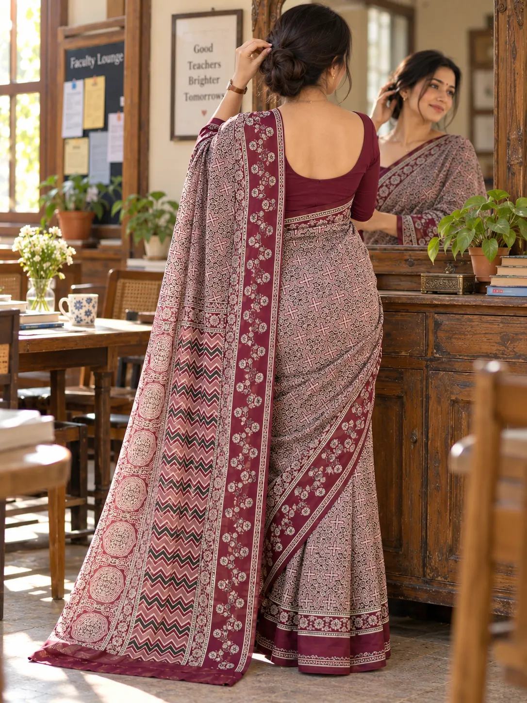 Maroon Ajrakh Satin Silk Saree Hand Block Print| Kancholika - Image 2