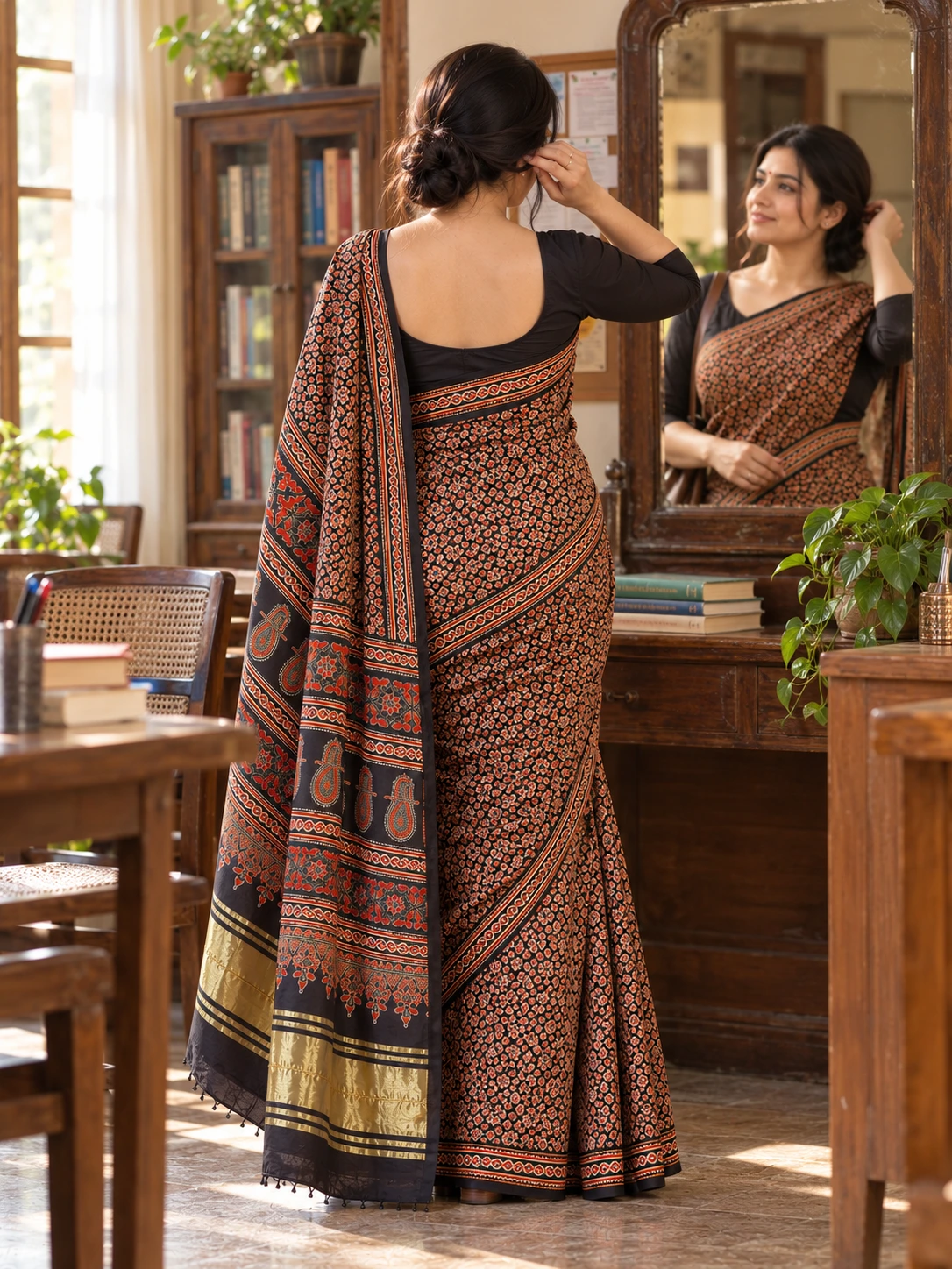 Black & Terracotta Block Print Cotton Saree| Kancholika - Image 2