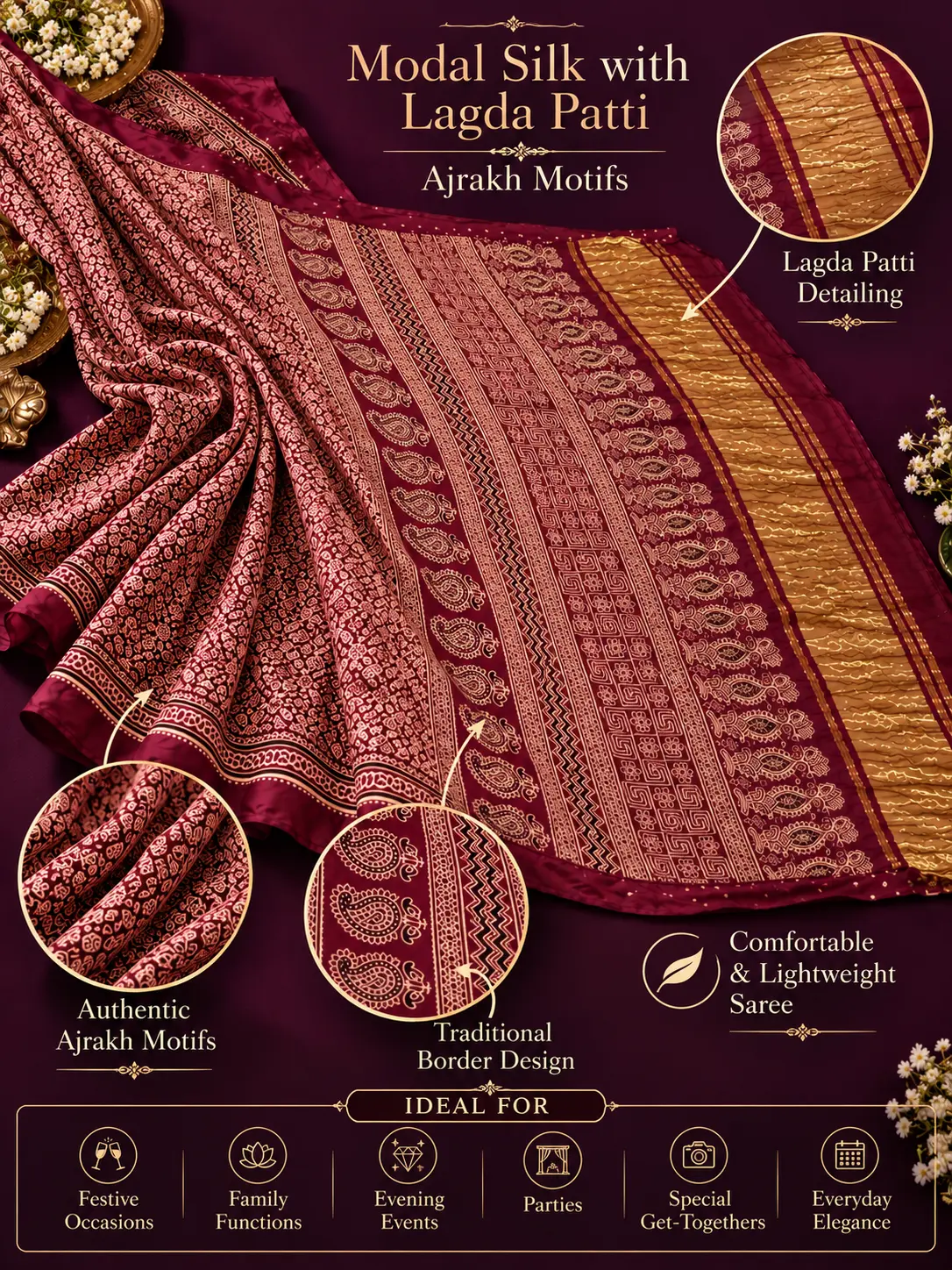 Deep Maroon Modal Silk Ajrakh Saree with Lagda PattI | Kancholika - Image 6