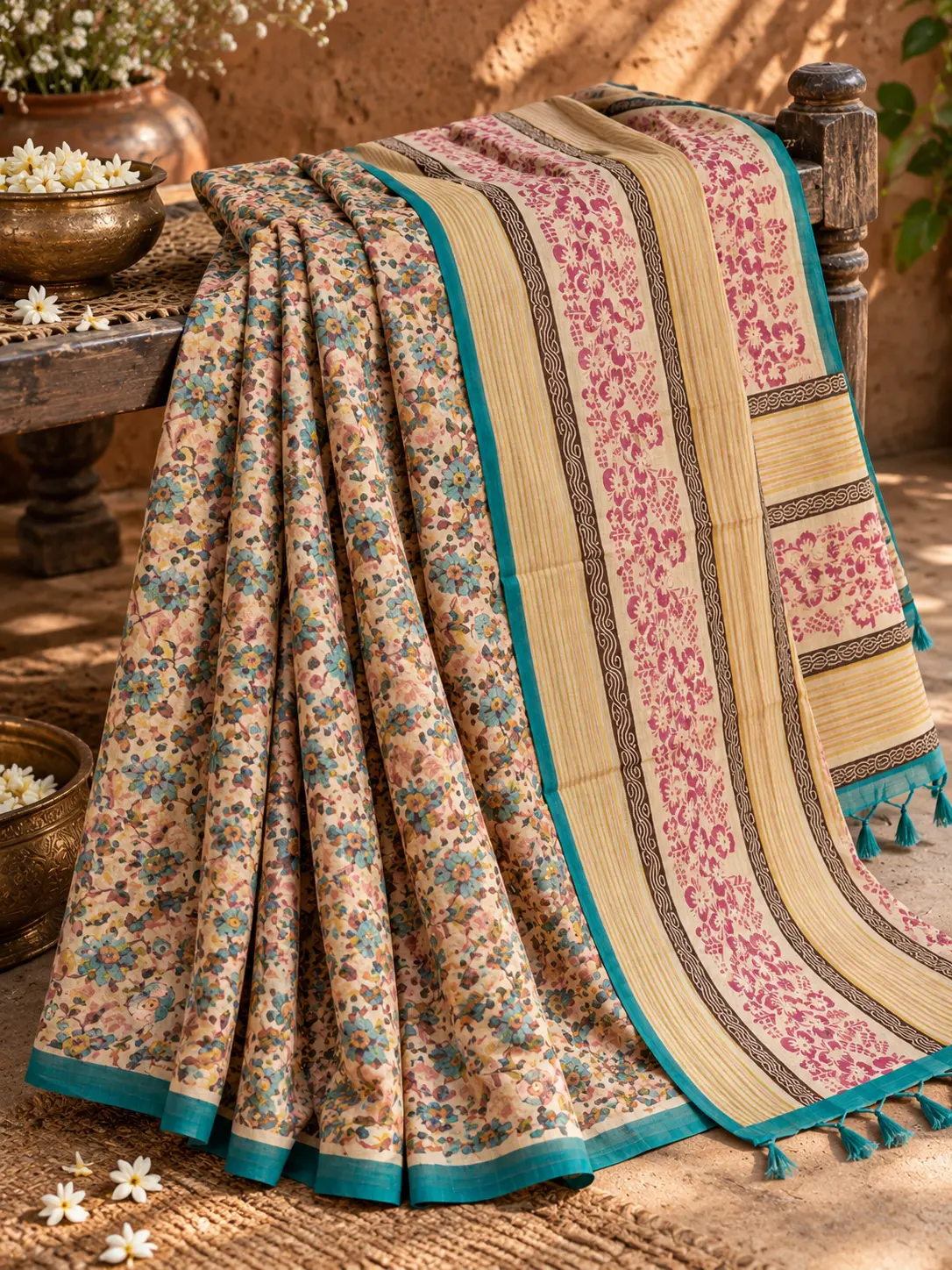 Ivory & Teal Floral Handloom Khadi Tussar Saree|Kancholika - Image 5
