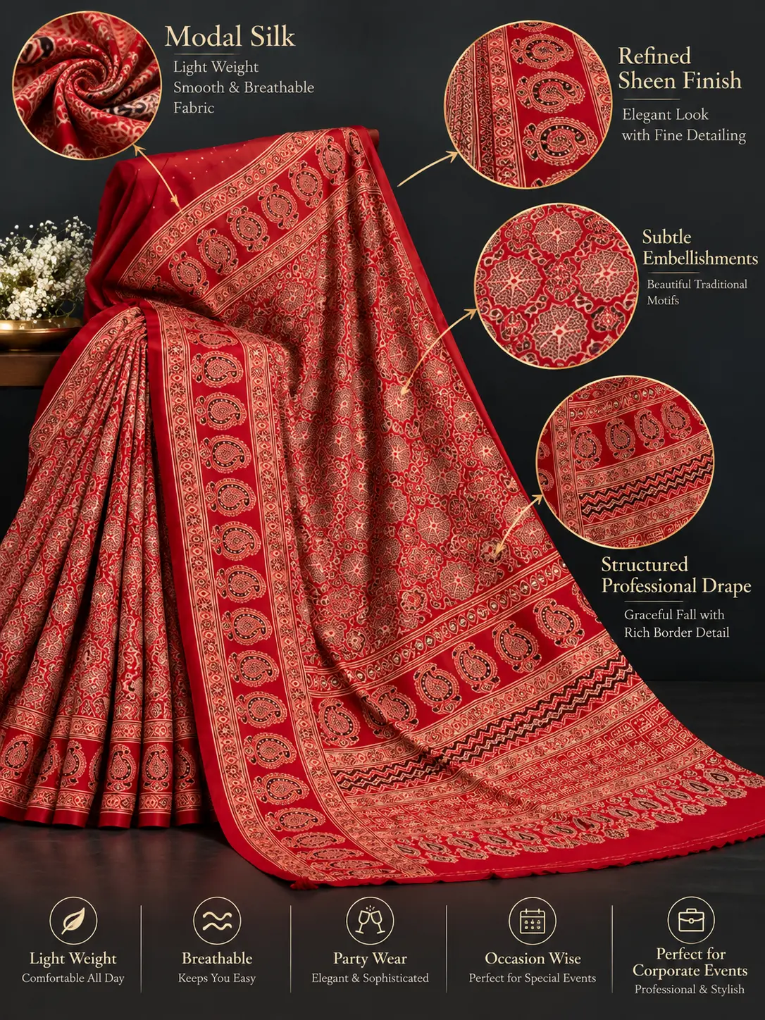 Crimson Red Modal Silk Paisley Print Saree | Kancholika - Image 5