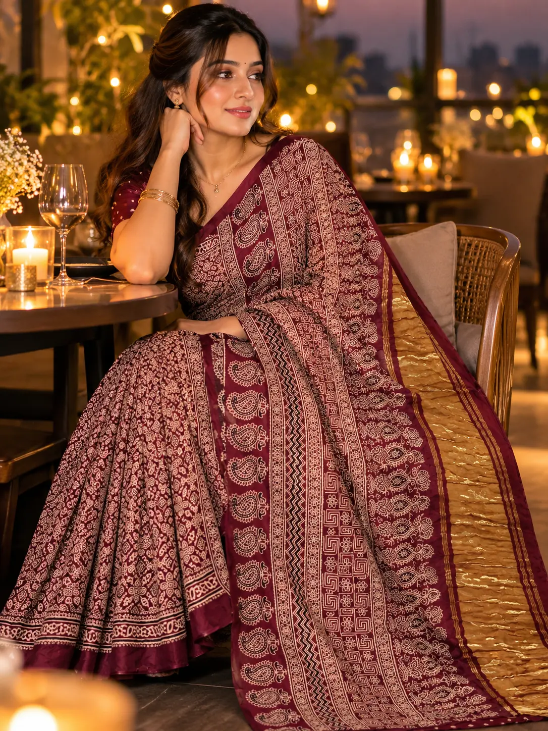 Deep Maroon Modal Silk Ajrakh Saree with Lagda PattI | Kancholika - Image 3
