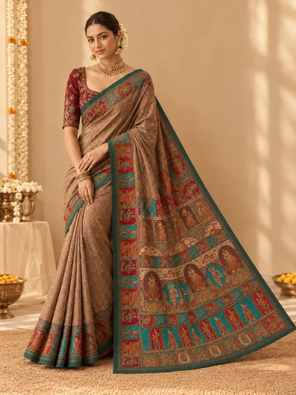 Earthy Brown Digital  Print  Pure Cotton-Silk Saree| Kancholika