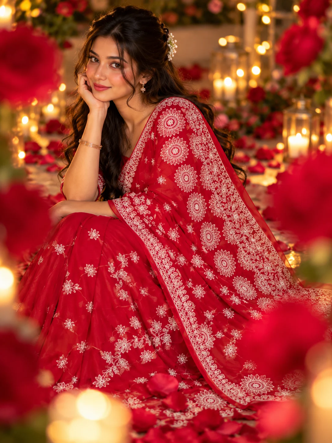 Crimson Red Chikankari Embroidered Silk Saree | Kancholika - Image 4