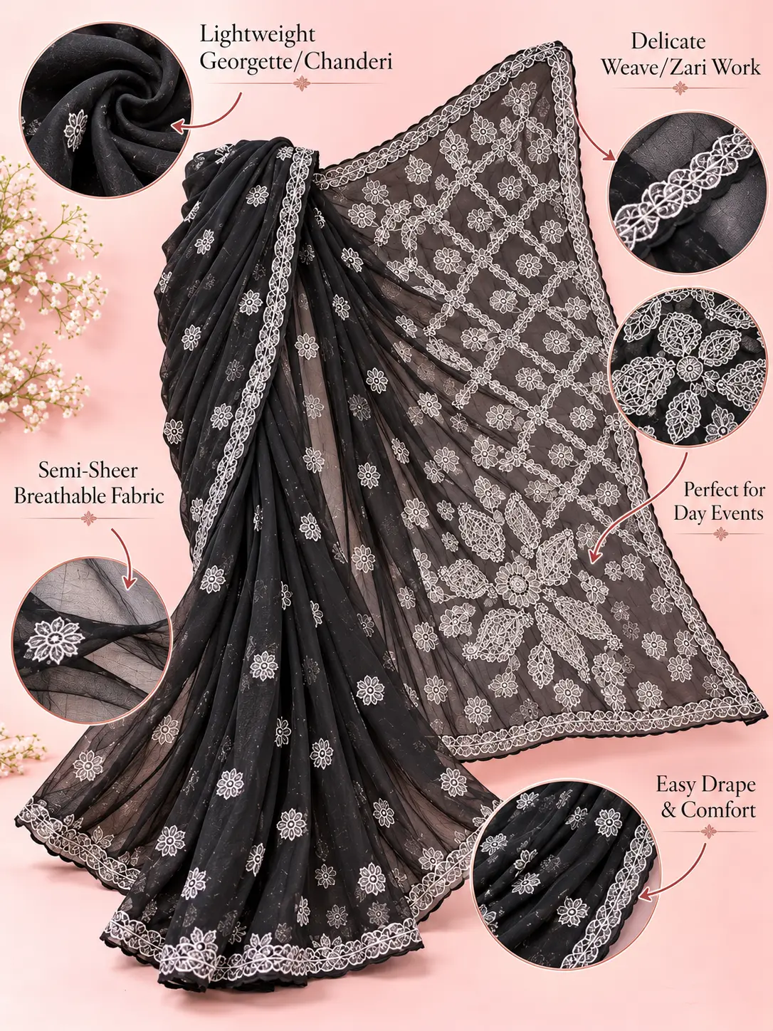 Black Chikankari Georgette Saree| Kancholika - Image 6