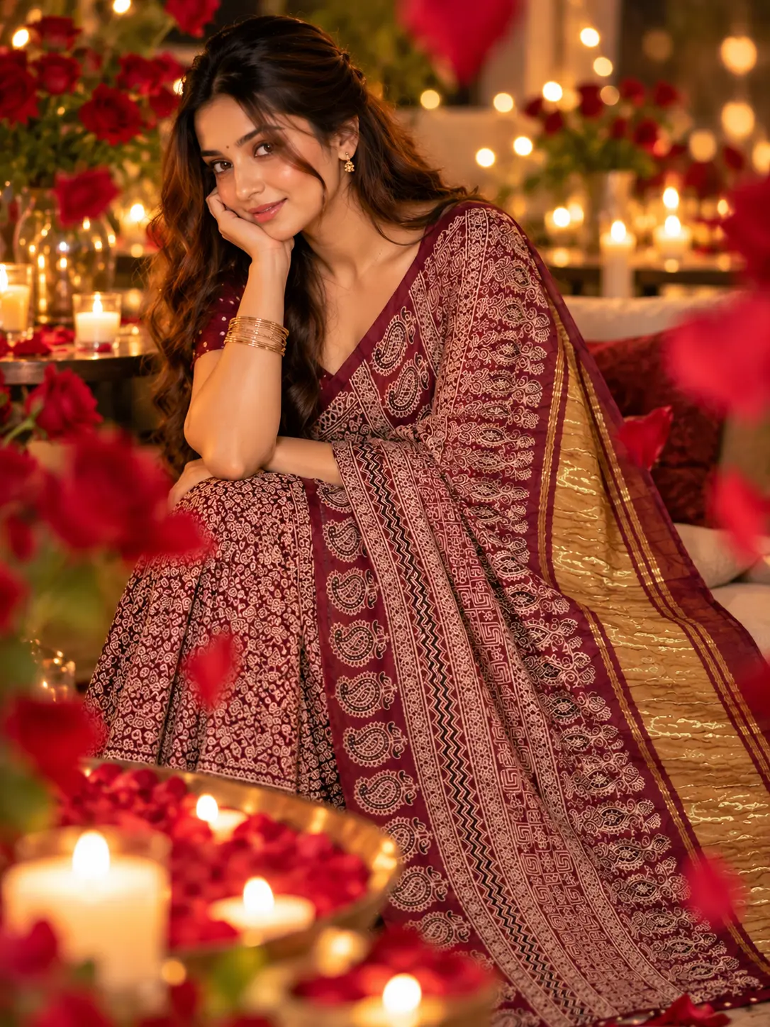 Deep Maroon Modal Silk Ajrakh Saree with Lagda PattI | Kancholika - Image 2