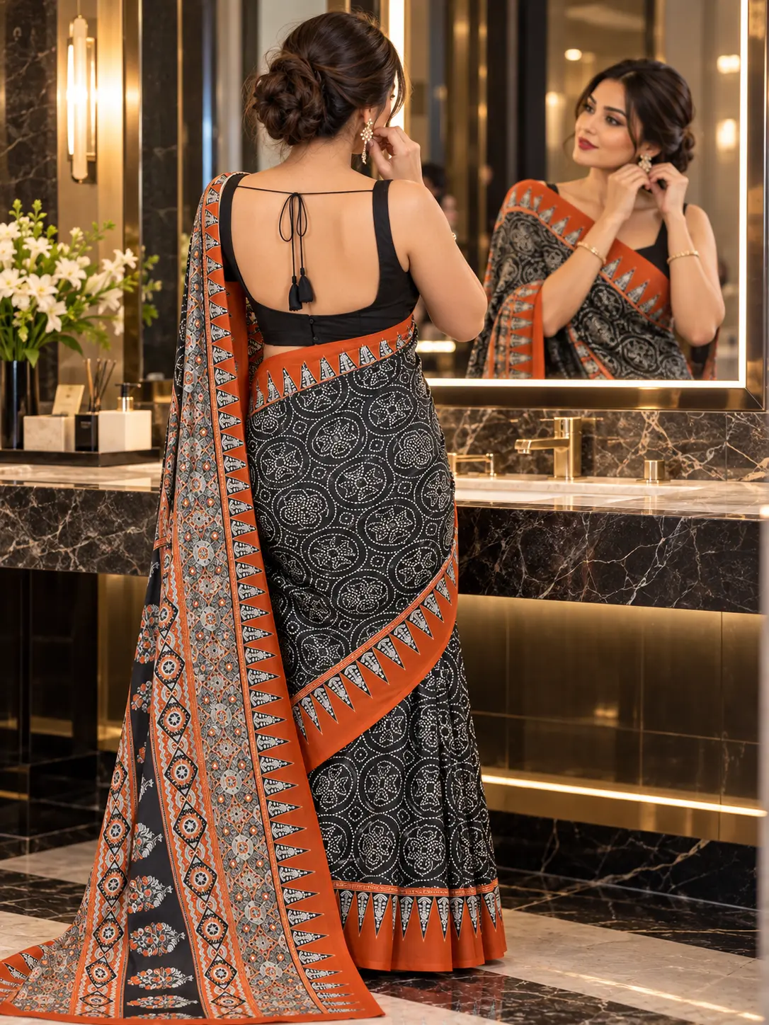 Black & Rust Ajrakh Satin Silk Saree| Kancholika - Image 3
