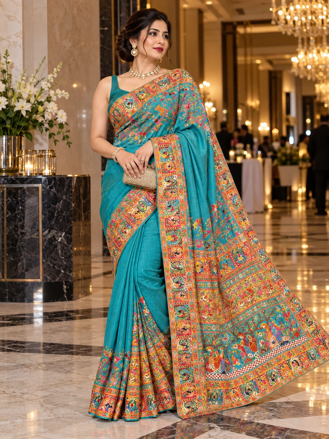 Turquoise Blue Narrative Print Silk Blend Saree | Kancholika - Image 2
