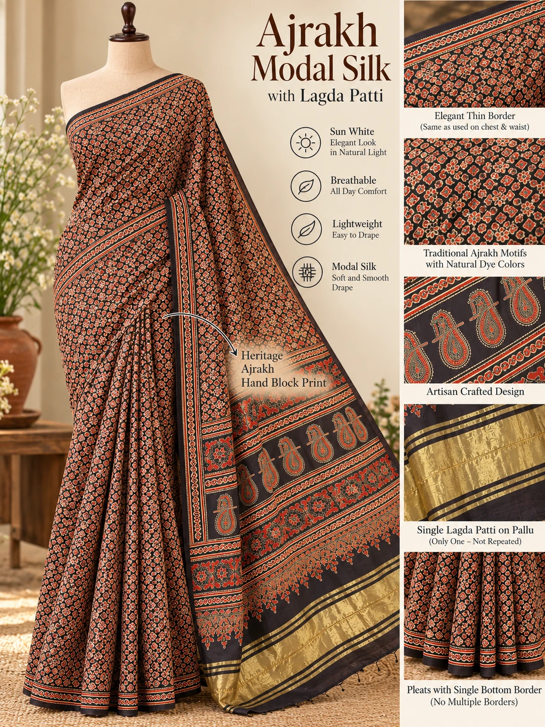 Black & Terracotta Block Print Cotton Saree| Kancholika - Image 6