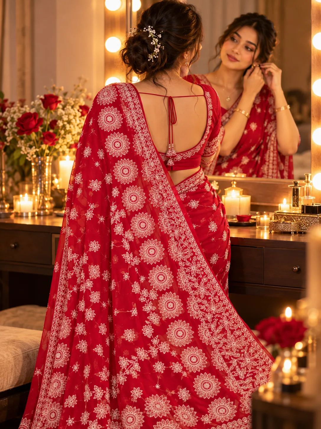 Crimson Red Chikankari Embroidered Silk Saree | Kancholika - Image 2
