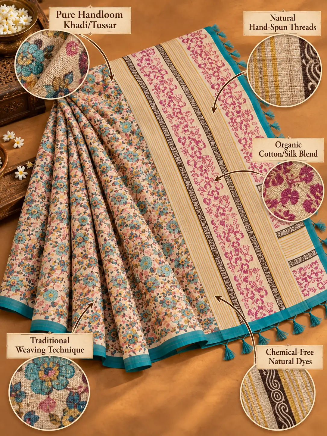 Ivory & Teal Floral Handloom Khadi Tussar Saree|Kancholika - Image 6