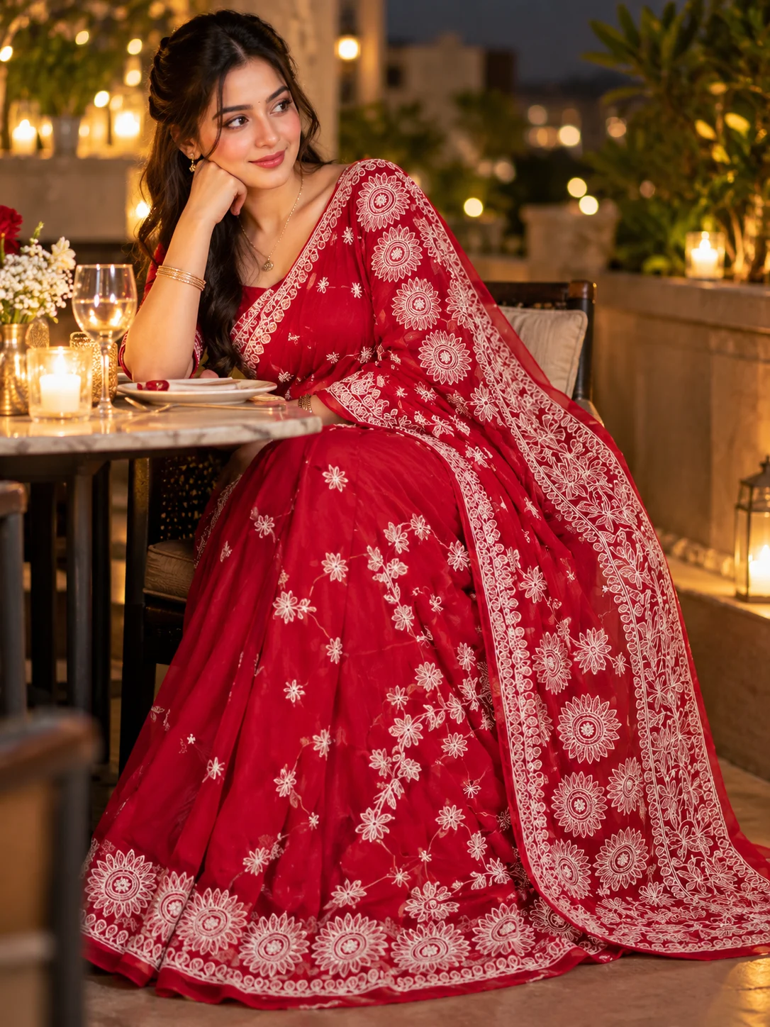 Crimson Red Chikankari Embroidered Silk Saree | Kancholika - Image 3