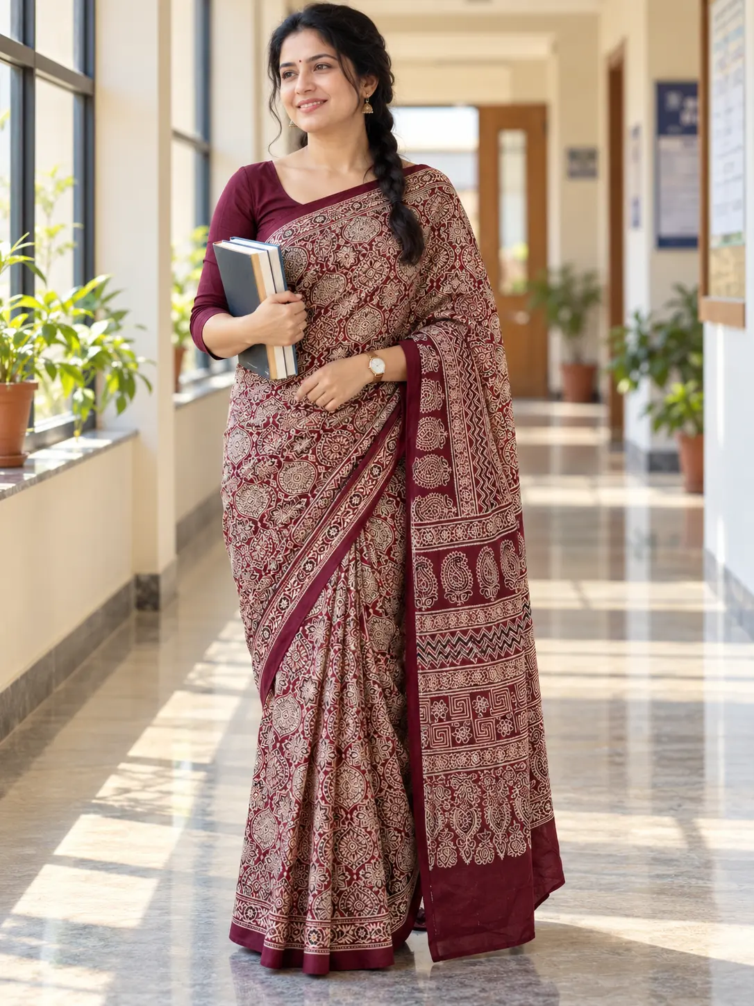 Kancholika maroon Ajrakh modal silk saree featuring traditional hand block printed motifs