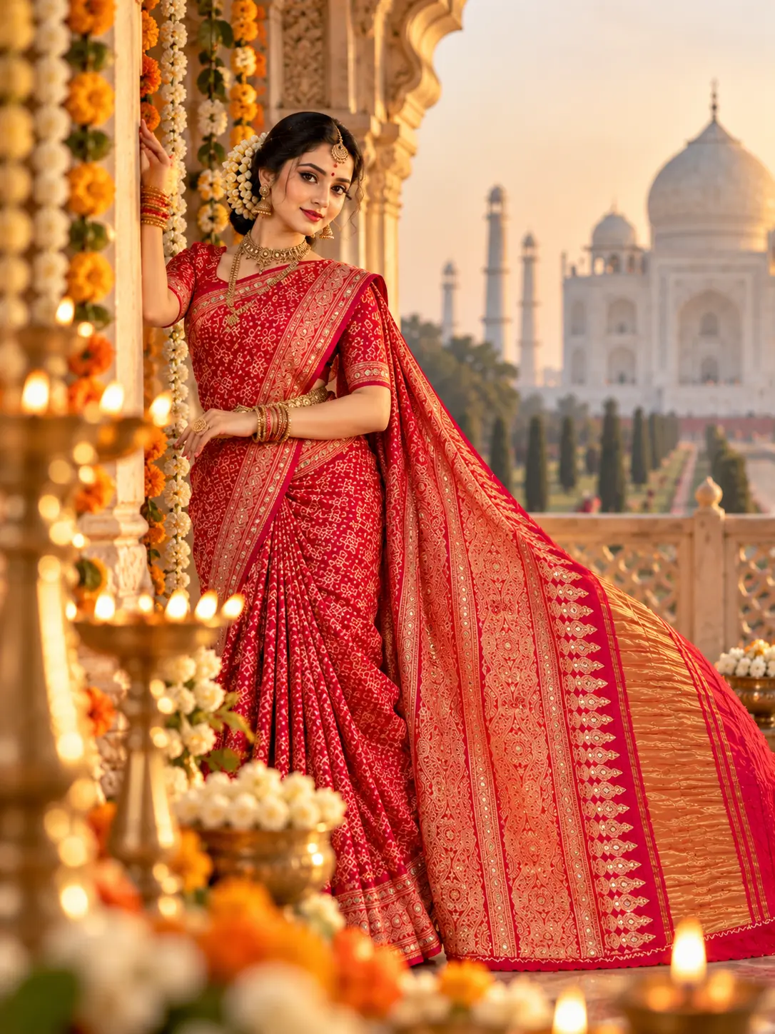Crimson Red Ajrakh Modal Silk Saree with Mirror Work |Kancholika - Image 2
