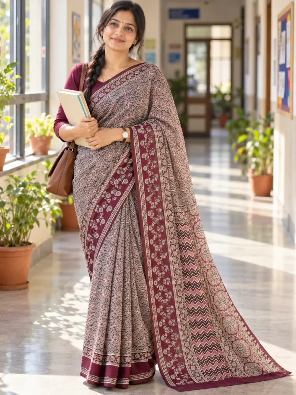 Maroon Ajrakh Satin Silk Saree Hand Block Print| Kancholika