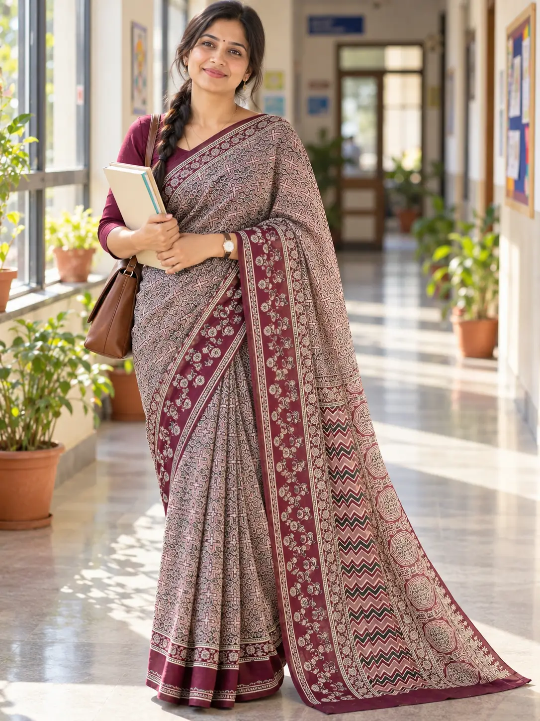 Ajrakh satin silk saree featuring heritage hand block print motifs, breathable cotton-linen blend fabric, natural dye colors, and a wrinkle-resistant finish with detailed feature callouts.